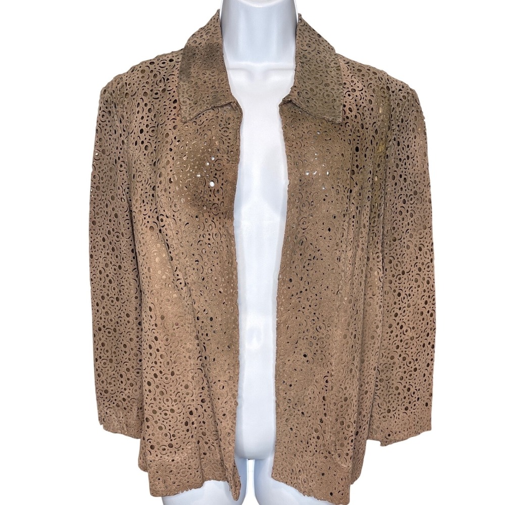 Chicos‎ Womens Tan Laser Cut Genuine Leather Open Front Jacket Sz 2/Large Chic